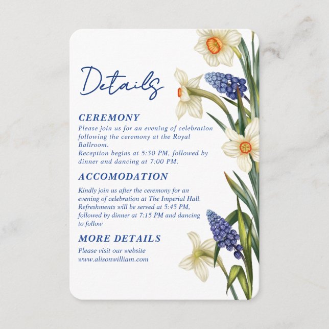 Carte D'accompagnement Navy blue and white floral Wedding details (Devant)