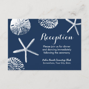 Carte D'accompagnement Navy Blue Beach Seashells Réception de mariage