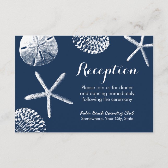 Carte D'accompagnement Navy Blue Beach Seashells Réception de mariage (Devant)