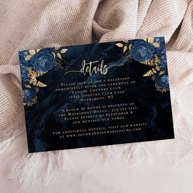 Carte D'accompagnement Navy Blue Floral Agate Gold Script Wedding Details (Créateur téléchargé)