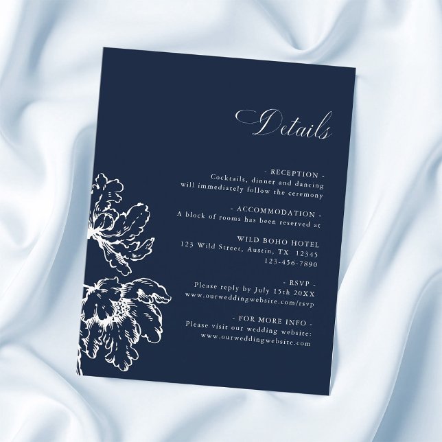 Carte D'accompagnement Navy Blue French Floral Wedding Details  (Créateur téléchargé)