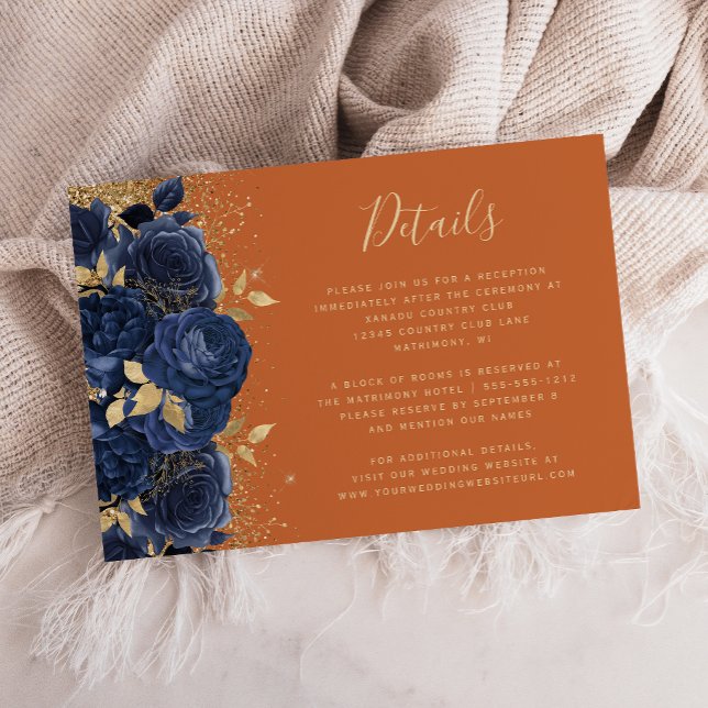 Carte D'accompagnement Navy Blue Gold Floral Burange Orange Détails sur l (Créateur téléchargé)