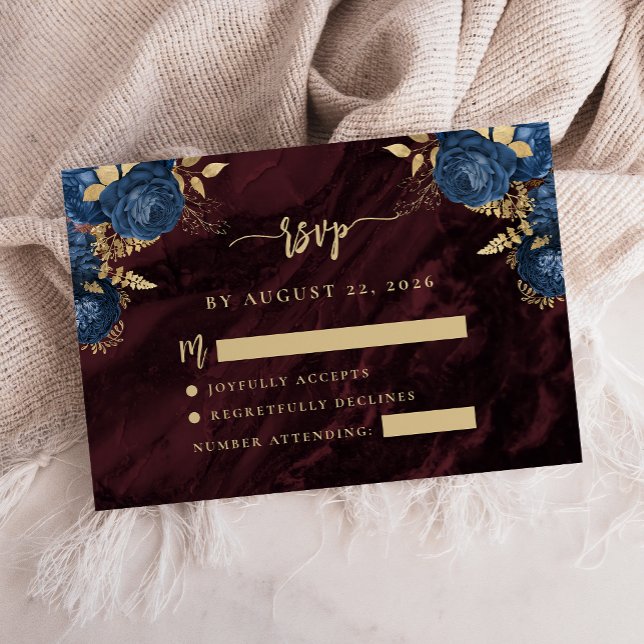 Carte D'accompagnement Navy Blue Gold Floral Burgundy Script Wedding RSVP (Créateur téléchargé)