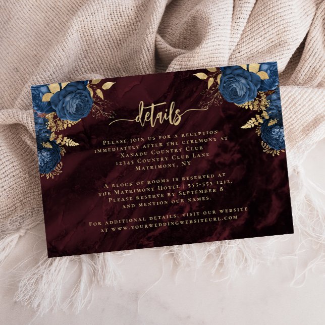 Carte D'accompagnement Navy Blue Gold Floral Burgundy Wedding Details (Créateur téléchargé)