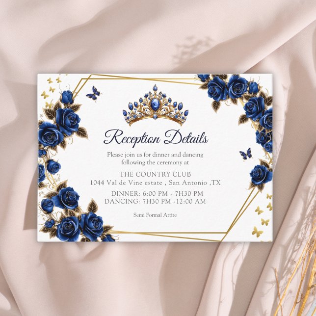 Carte D'accompagnement Navy Blue Golden Tiara Roses Butterfly Quinceañera (Créateur téléchargé)