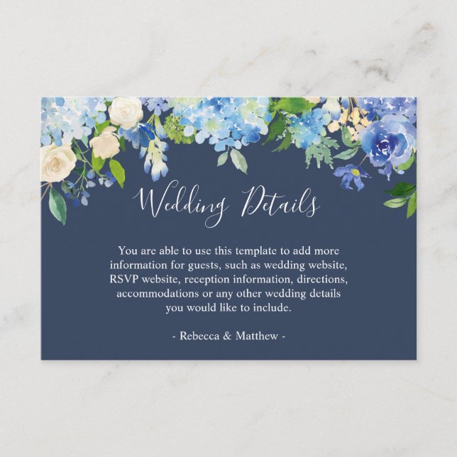 Carte D'accompagnement Navy Blue Hydrangeas Floral Mariage Info Détails (Devant)