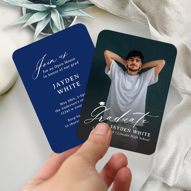 Carte D'accompagnement Navy Blue Mini Modern Script Photo Graduation (Navy Blue Mini Modern Script Photo Graduation Enclosure Card)