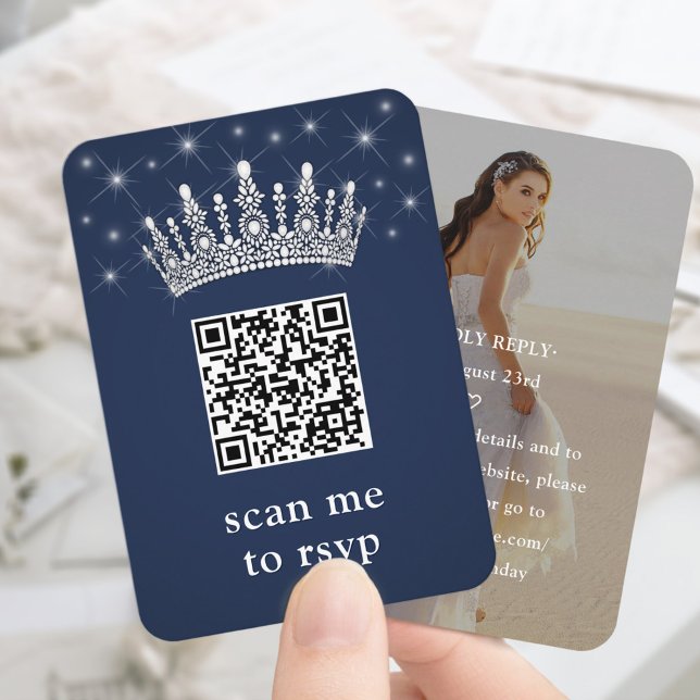Carte D'accompagnement Navy Blue Quinceañera Crown & Stars QR RSVP Photo (Créateur téléchargé)