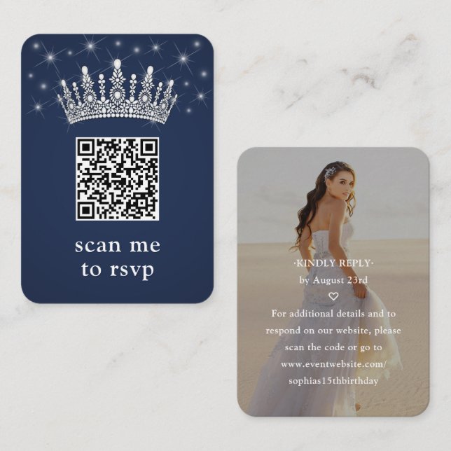 Carte D'accompagnement Navy Blue Quinceañera Crown & Stars QR RSVP Photo (Devant / Derrière)