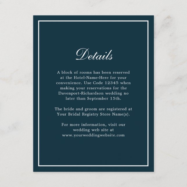 Carte D'accompagnement Navy Blue Simple Elegant Wedding Info Détails (Devant)