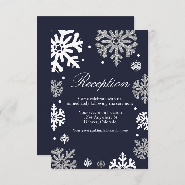 Carte D'accompagnement Navy Blue Snowflakes Réception de mariage hivernal (Devant / Derrière)