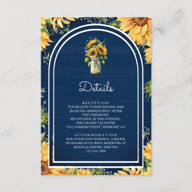 Carte D'accompagnement Navy Blue Sunflower Mason Jar Arch Wedding Details (Devant)