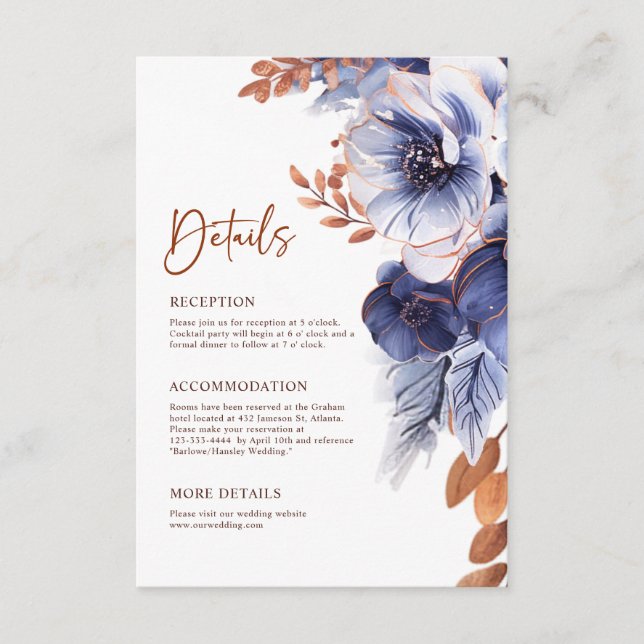 Carte D'accompagnement Navy Blue Terracotta Boho Elegant Wedding Détails (Devant)