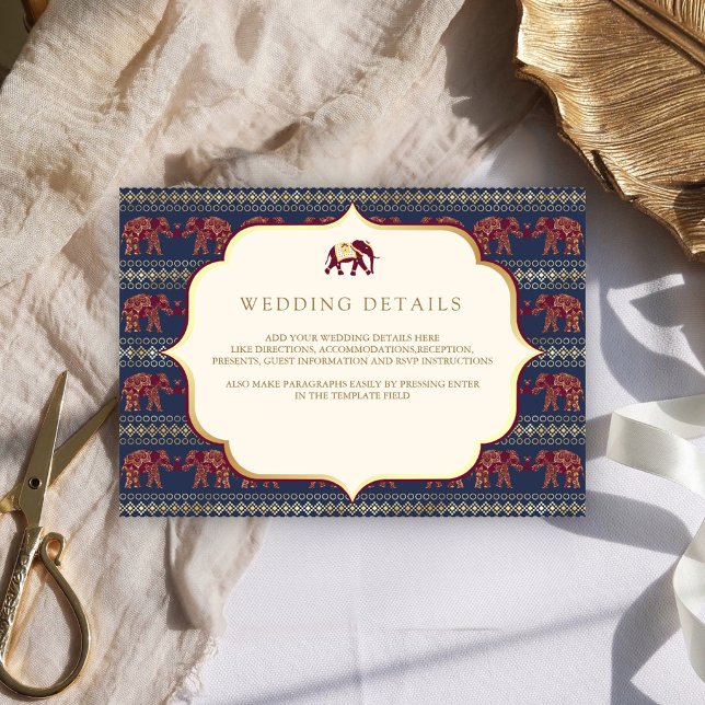 Carte D'accompagnement Navy Burgundy Gold Elephant Indien Détails Mariage (Créateur téléchargé)