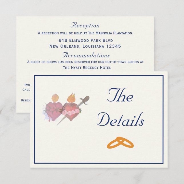 Carte D'accompagnement Navy & Cream Two Hearts Catholic Wedding  (Devant / Derrière)