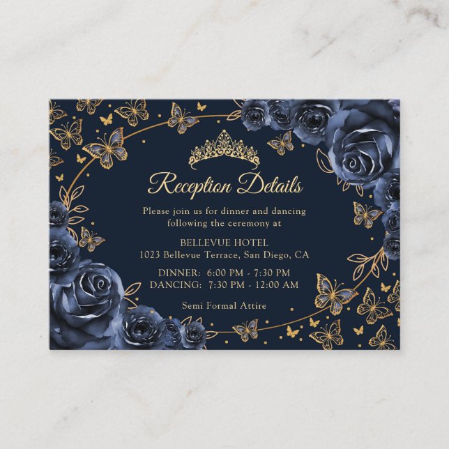 Carte D'accompagnement Navy Gold Quinceanera Reception Details (Devant)