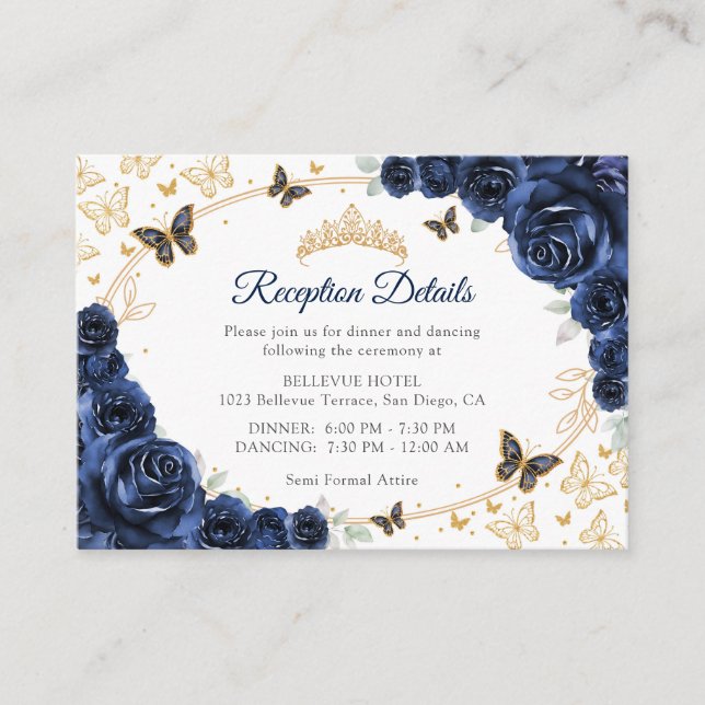 Carte D'accompagnement Navy Gold Quinceanera Reception Details (Devant)