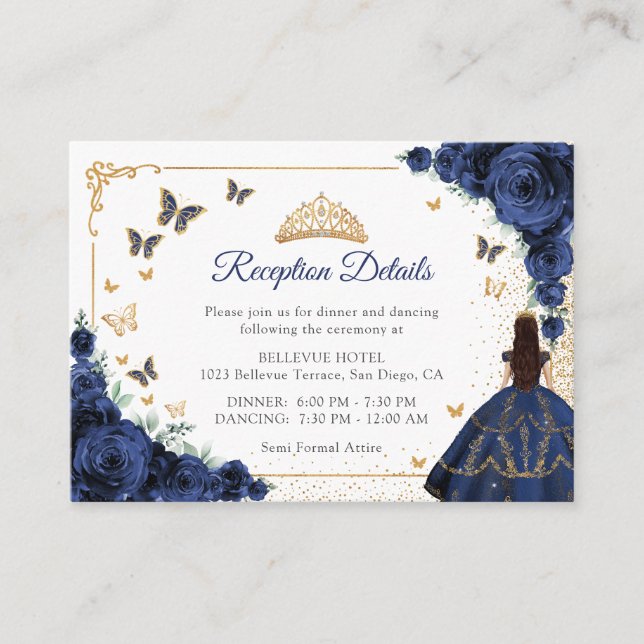 Carte D'accompagnement Navy Gold Quinceanera Reception Details (Devant)