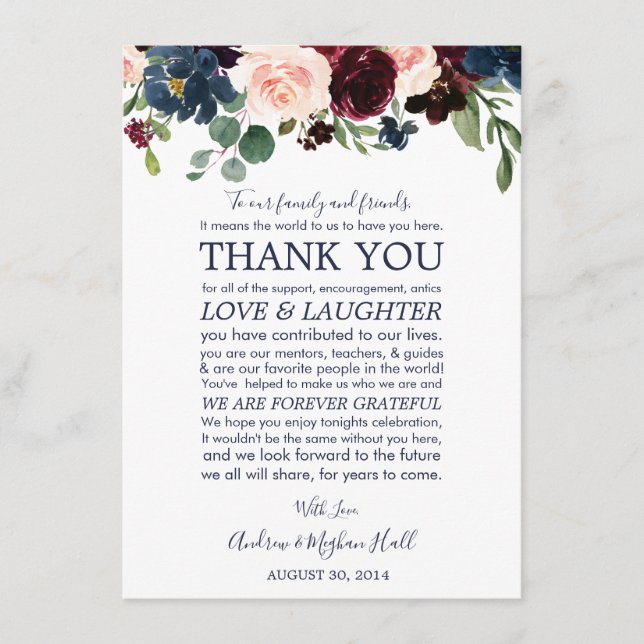 Carte D'accompagnement Navy Rose Bourgogne Mariage Set de table Merci (Devant)