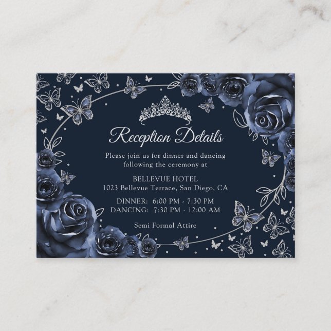 Carte D'accompagnement Navy Silver Quinceanera Reception Details (Devant)