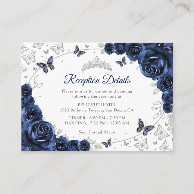 Carte D'accompagnement Navy Silver Quinceanera Reception Details (Devant)