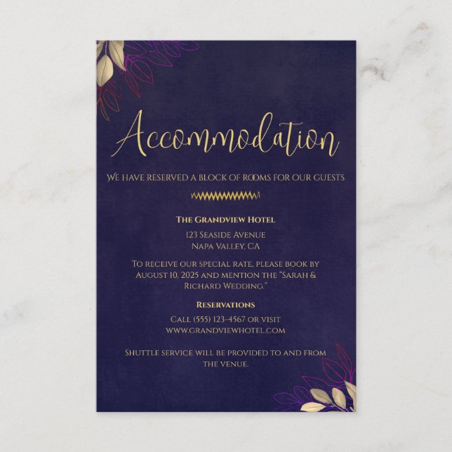Carte D'accompagnement Navy Velvet Luxe Mariage Hébergement & Détails (Devant)