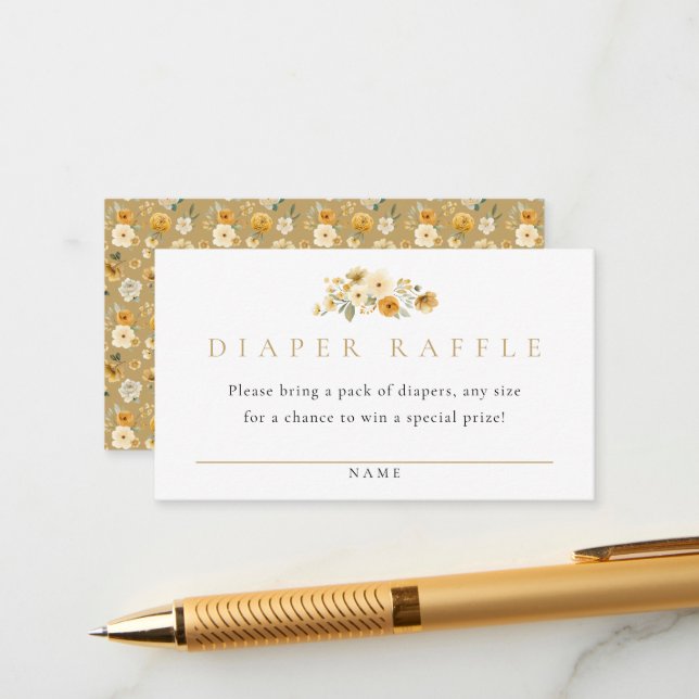 Carte D'accompagnement Neutral Diaper Raffle Card | Ivory & Golden Floral (Devant/Arrière en situation)