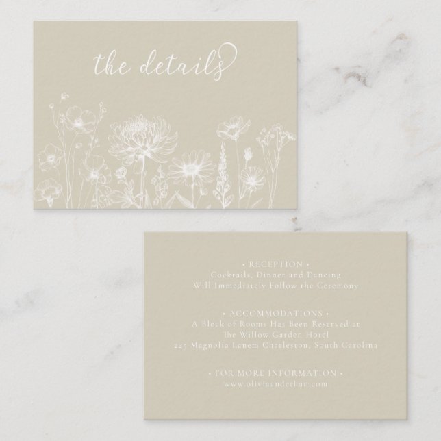 Carte D'accompagnement Neutral Wildflower Details Card Minimalist Wedding (Devant / Derrière)