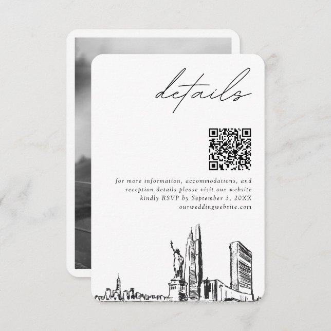 Carte D'accompagnement New York City Mariage Détails modernes Code QR (Devant / Derrière)