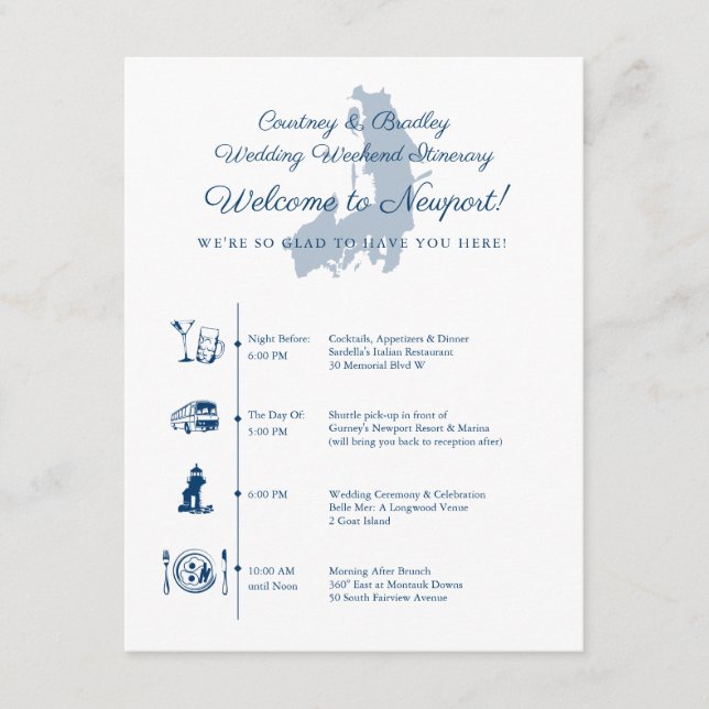 Carte D'accompagnement Newport RI Mariage Réception Itinéraire Timeline (Devant)