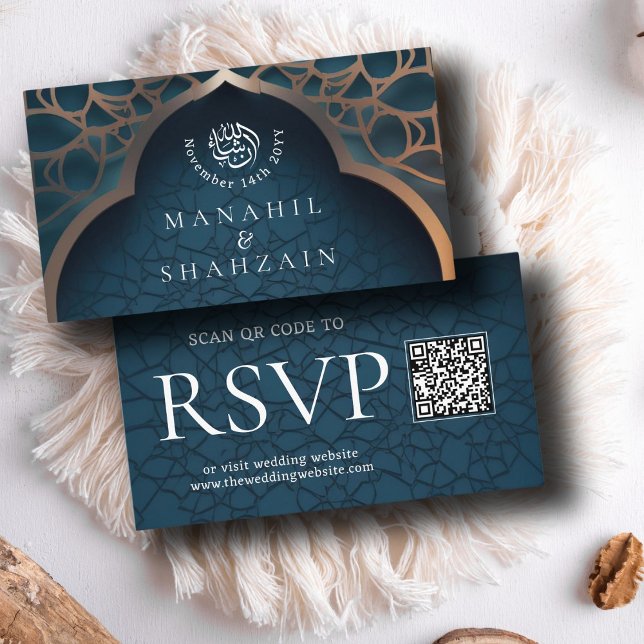 Carte D'accompagnement Nil Bleu Arc Islamique QR Code RSVP Wedd Website (Créateur téléchargé)