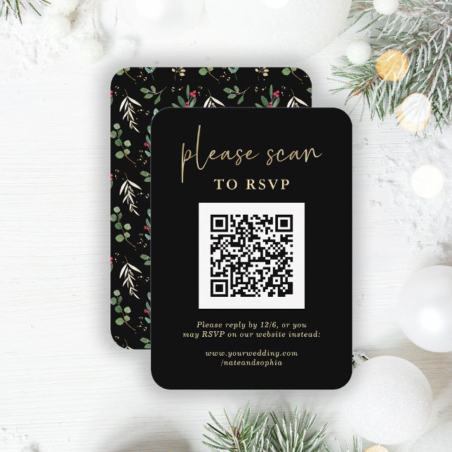 Carte D'accompagnement Noël RSVP avec code QR | Verdure dorée (Créateur téléchargé)