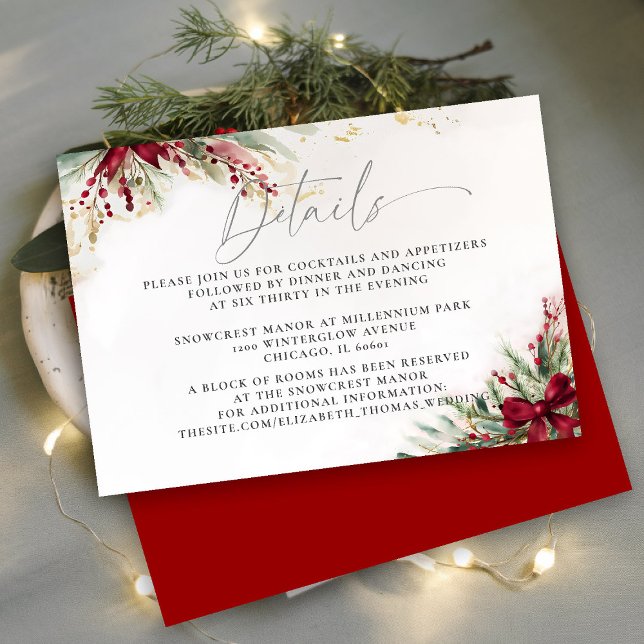 Carte D'accompagnement Nœud de Noël en feuillage d'hiver Rouge détails de (winter wedding details enclosure christmas bow greenery berries watercolor elegant calligraphy)
