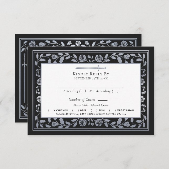 Carte D'accompagnement Noir Argent Noir Médiéval Mariage épée RSVP QR Cod (Devant / Derrière)