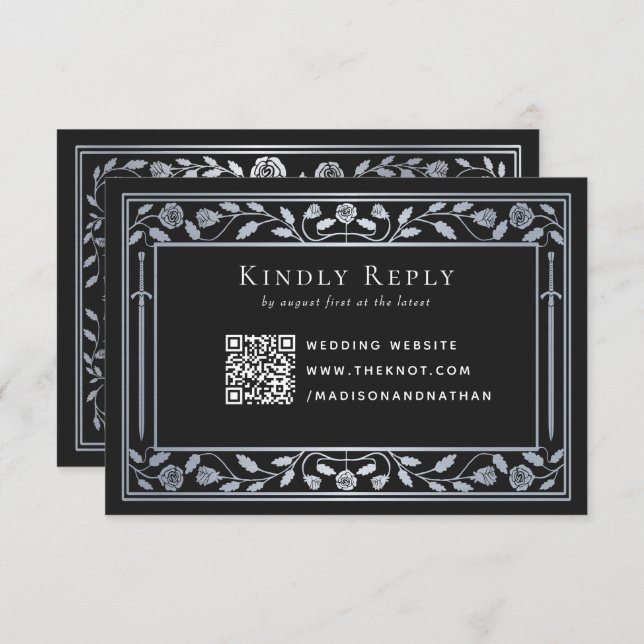 Carte D'accompagnement Noir Argent Noir Médiéval Mariage épée RSVP QR Cod (Devant / Derrière)