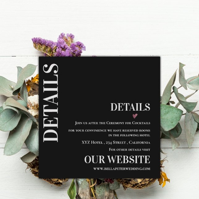 Carte D'accompagnement Noir Blanc Contemporain Moderne Détails Mariage (Black White Contemporary Modern Wedding Details Enclosure Card)