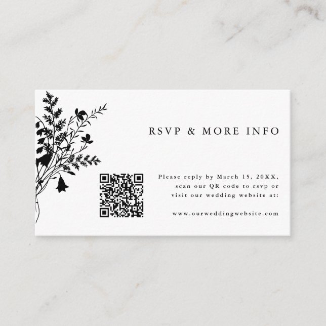 Carte D'accompagnement Noir & Blanc Fleur sauvage mariage RSVP (Devant)