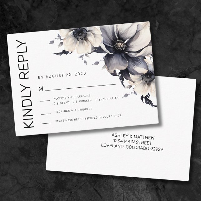 Carte D'accompagnement Noir Blanc Floral Mariage RSVP (Black White Modern Floral Wedding RSVP Enclosure Card)