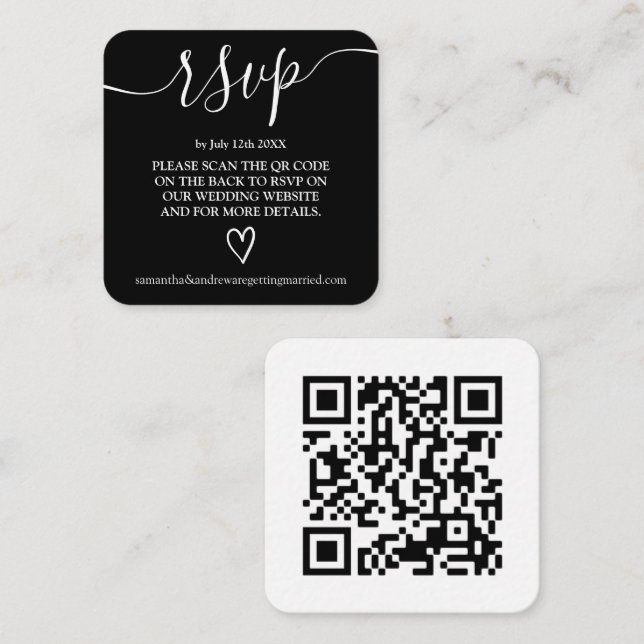 Carte D'accompagnement noir blanc mariage rsvp code Qr (Devant / Derrière)