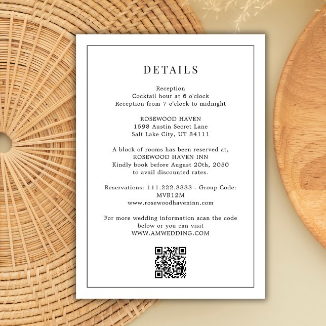 Carte D'accompagnement Noir blanc Qr Code Détails minimaux du Mariage (Créateur téléchargé)