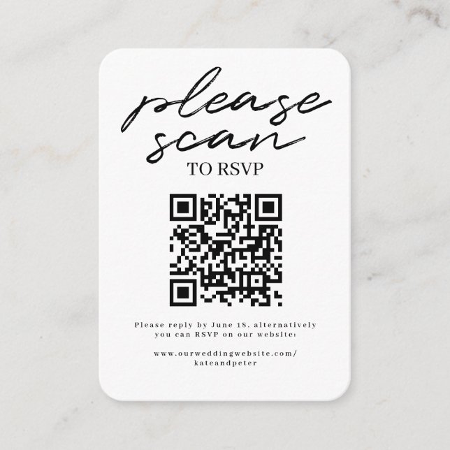 Carte D'accompagnement Noir Blanc Simple Script Wedding RSVP QR Code (Devant)