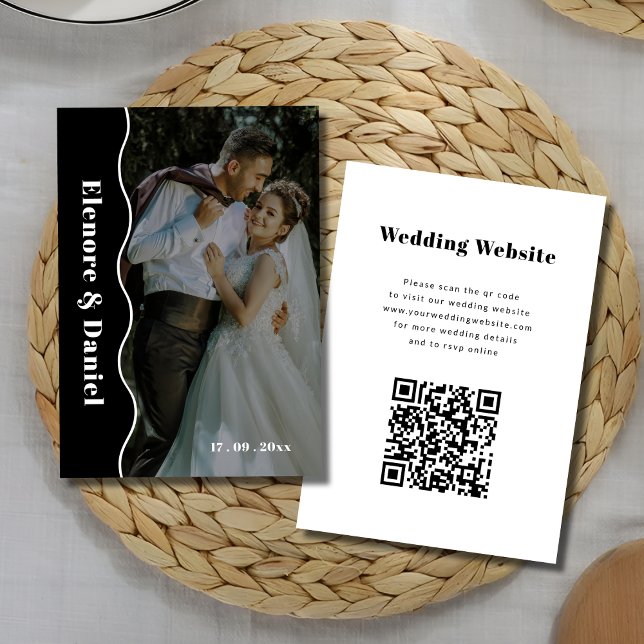Carte D'accompagnement Noir et blanc | Code QR du Mariage latéral photo (Black and White | Photo Wedding Side Wave QR code Enclosure Card)