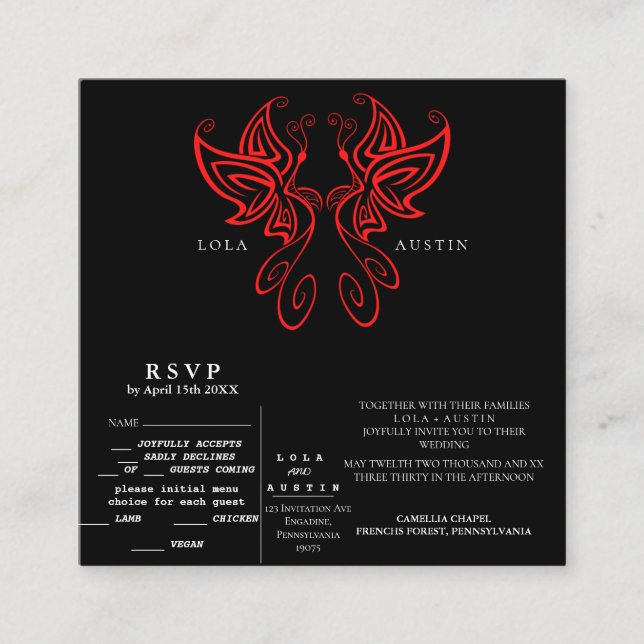 Carte D'accompagnement Noir et blanc Mariage d'élégance moderne ROUGE tou (Devant)