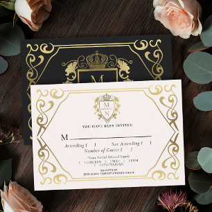 Carte D'accompagnement Noir Imaginaire Royal Monogramme Mariage RSVP