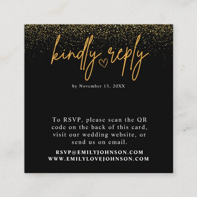 Carte D'accompagnement Noir romantique et or QR Code Mariage RSVP (Devant)