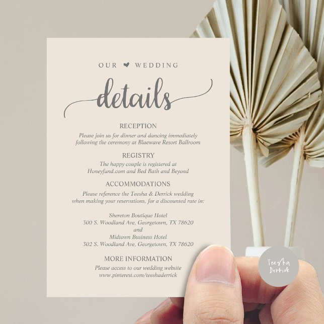 Carte D'accompagnement Nos détails Mariages, Crème rustique gris foncé (Our Wedding Details, Rustic Script Invitation Enclosure Card, in Cream and Dark Grey)