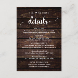 Carte D'accompagnement Nos détails Mariages, le thème du bois foncé rusti