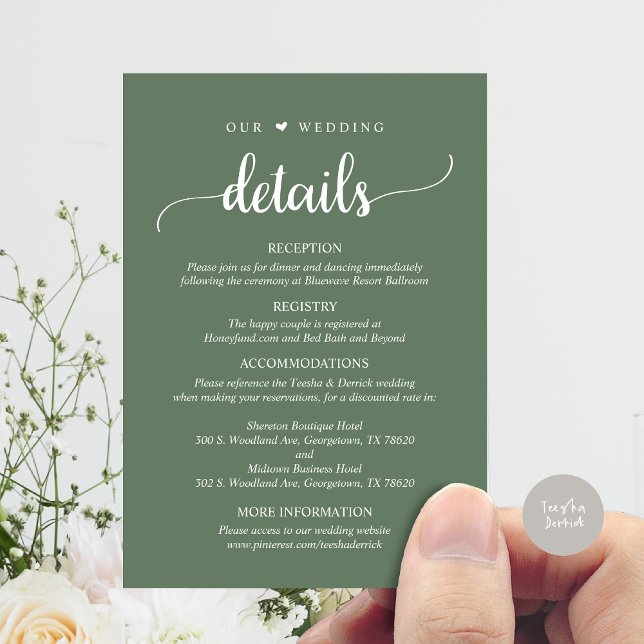 Carte D'accompagnement Nos Détails Mariages, Rustic Forest Sage Green (Our Wedding Details, Rustic Script Invitation Enclosure Card, in Sage Green)