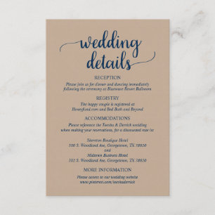 Carte D'accompagnement Nos détails Mariages, Rustic Kraft Navy Blue Scrip
