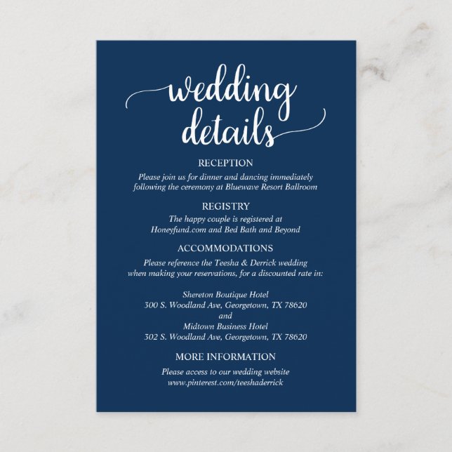 Carte D'accompagnement Nos détails Mariages, Rustic Navy Blue Script (Devant)